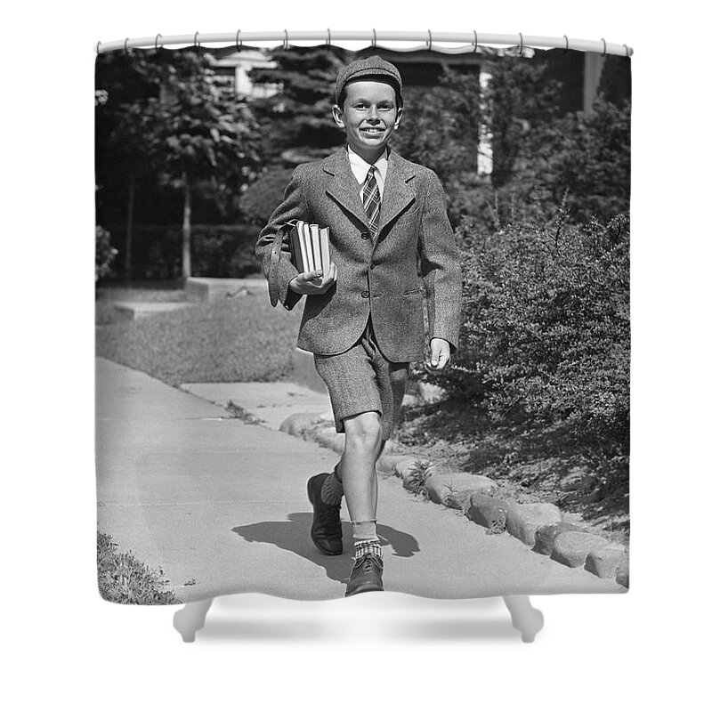 Education Shower Curtain featuring the photograph Schoolboy On Sidewalk by George Marks