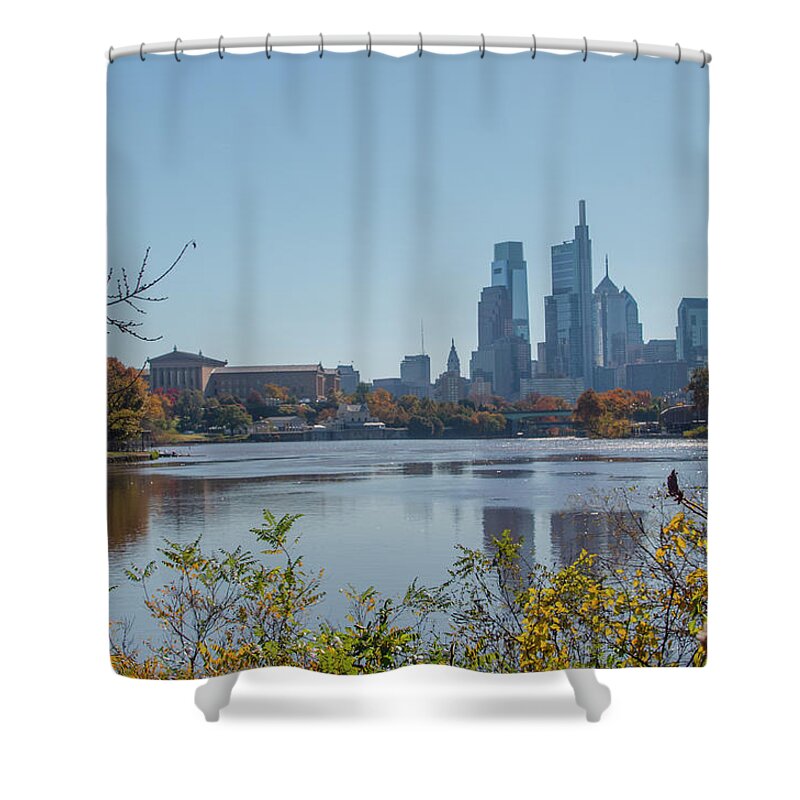 Schuylkill Shower Curtain featuring the photograph Schuylkill River Skyline View - Philadelphia in Autumn by Bill Cannon