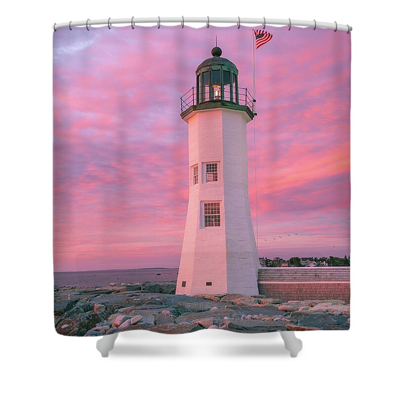 Sunrise Shower Curtain featuring the photograph Pink Morning at Scituate Lighthouse by Ann-Marie Rollo