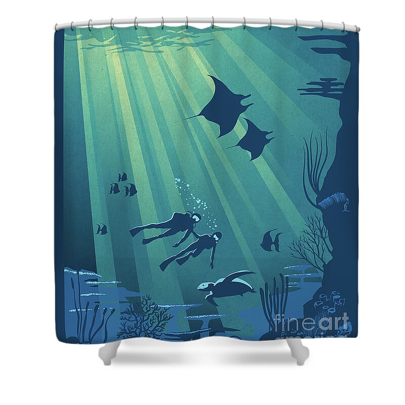 Scuba Shower Curtain featuring the painting Scuba Dive by Sassan Filsoof