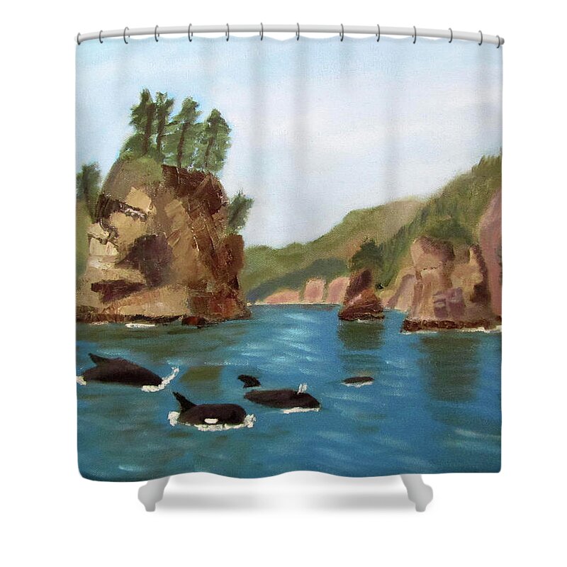Alaska Shower Curtain featuring the painting Sea Stacks and Orcas by Linda Feinberg