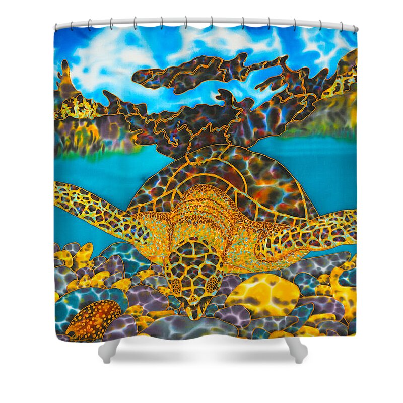 Sea Turtle Shower Curtain featuring the painting Sea Turtle and Atlantic Cowrie Shell by Daniel Jean-Baptiste