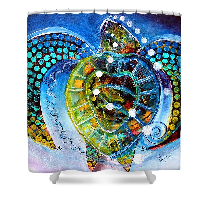 Sea Shower Curtain featuring the painting Sea Turtle Says by J Vincent Scarpace