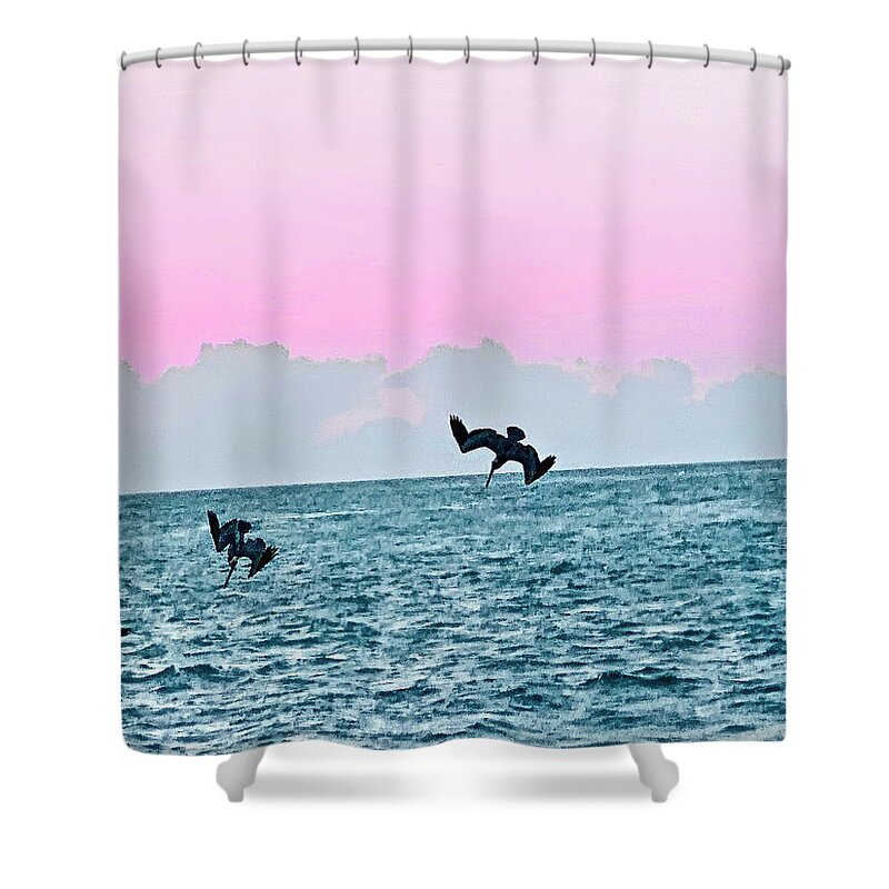 Birds Shower Curtain featuring the photograph Seagulls Diving for Dinner at Sunset in Captiva Island Florida by Shelly Tschupp
