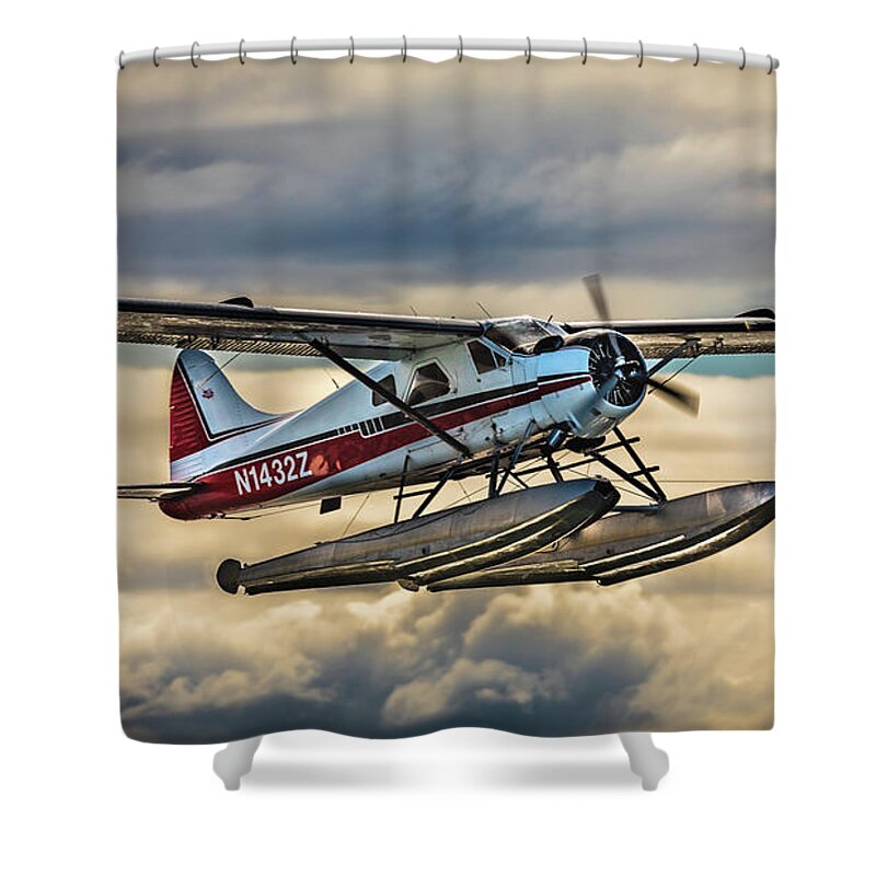 Seaplane Shower Curtain featuring the photograph Seaplane in the Anchorage sky by Lyl Dil Creations