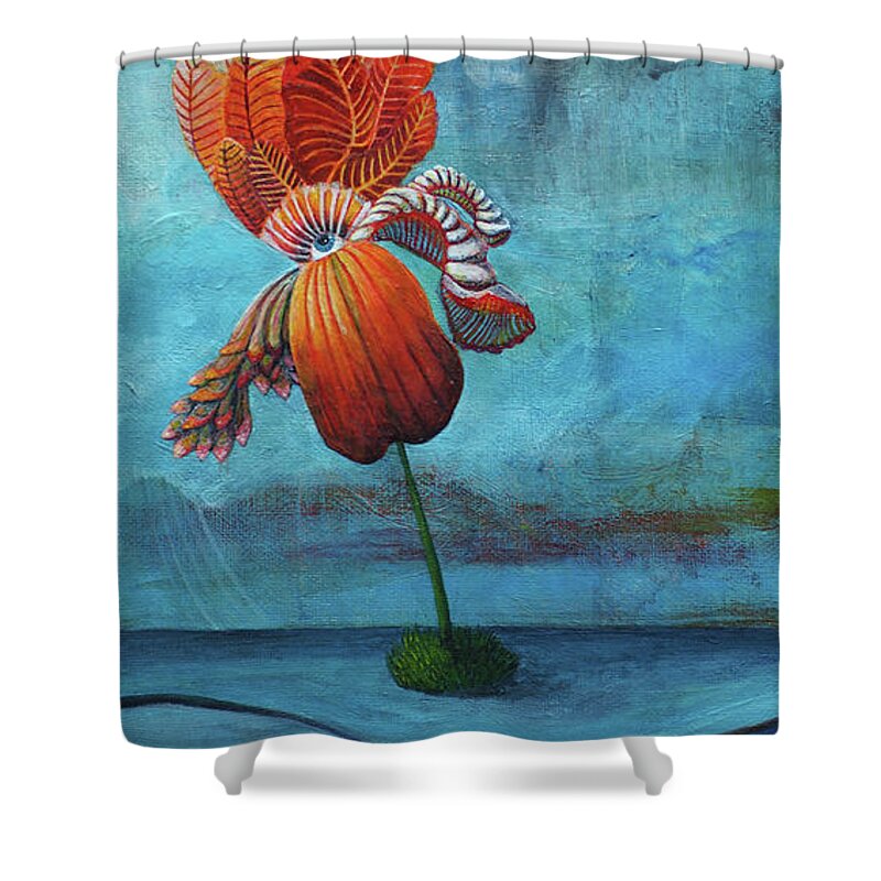 Surrealism Shower Curtain featuring the painting Searching for Solid Ground by Mindy Huntress