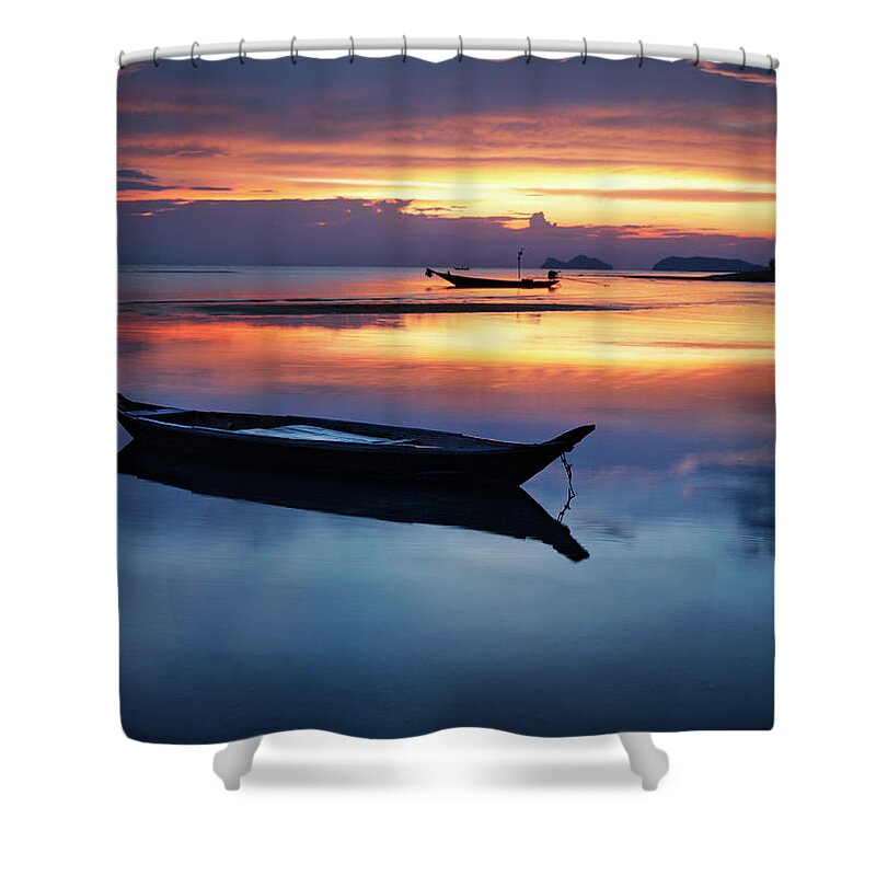 Scenics Shower Curtain featuring the photograph Seashore With Longtail Boats At Sunset by Henrik Sorensen