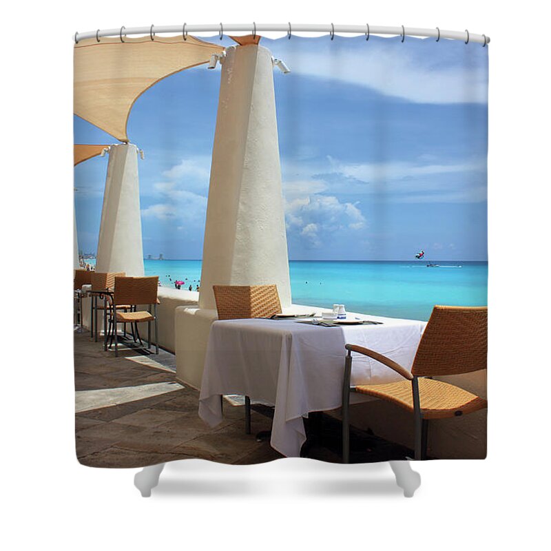 Water's Edge Shower Curtain featuring the photograph Seaside Restaurant by Sarah8000