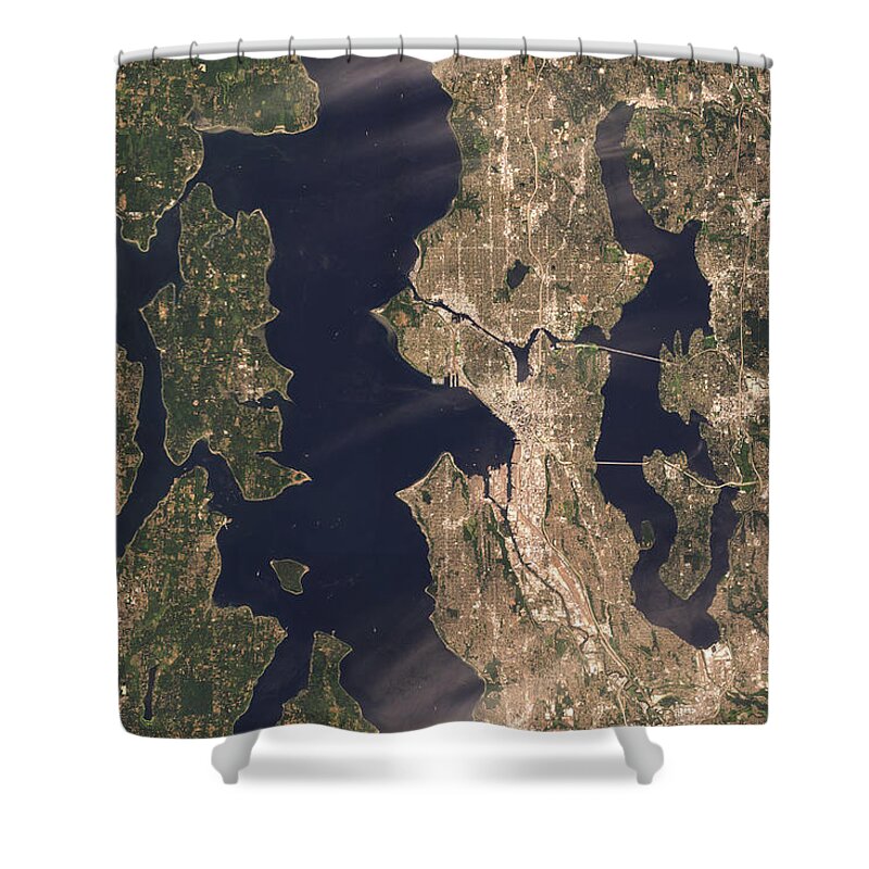 Satellite Image Shower Curtain featuring the digital art Seattle from space by Christian Pauschert