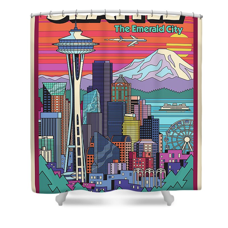 Seattle Shower Curtain featuring the digital art Seattle Poster - Pop Art Skyline by Jim Zahniser