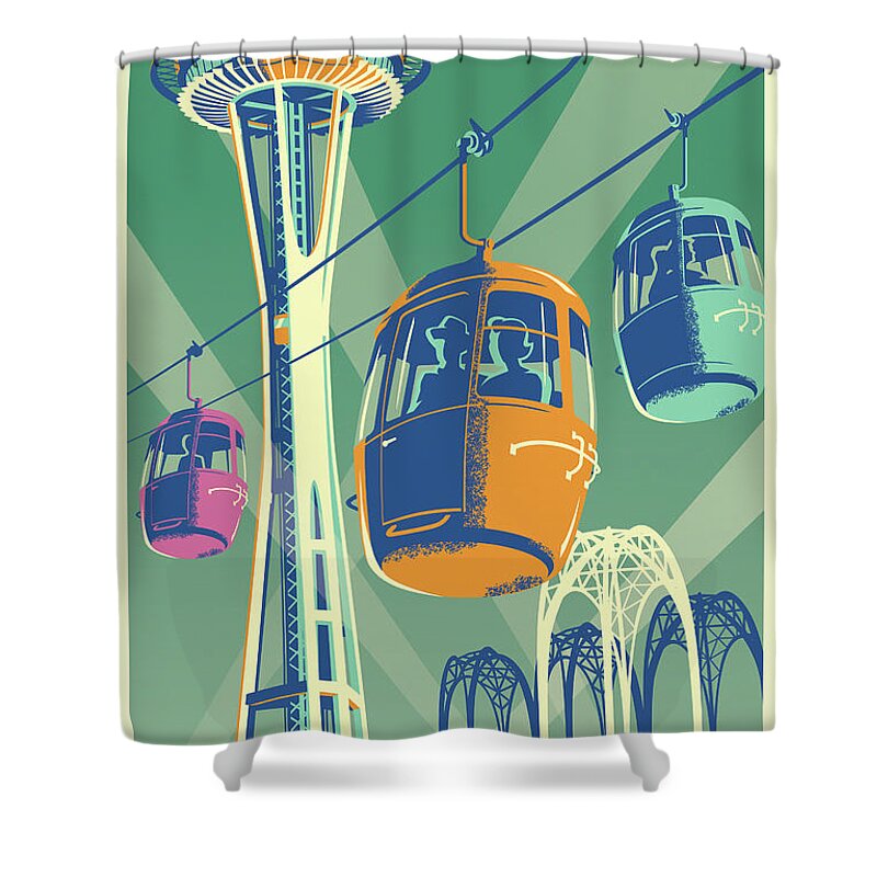 Vintage Shower Curtain featuring the digital art Seattle Poster- Space Needle Vintage Style by Jim Zahniser