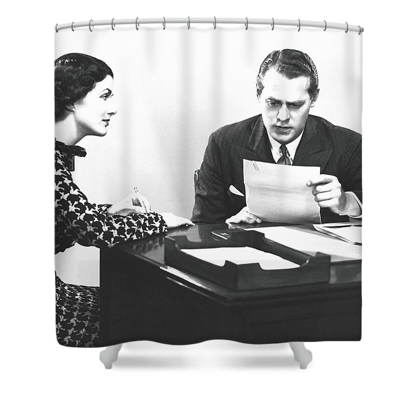 Corporate Business Shower Curtain featuring the photograph Secretary Assisting Businessman Reading by George Marks
