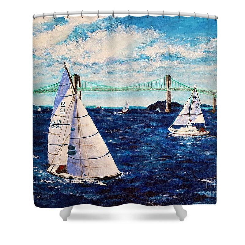 Newport Shower Curtain featuring the painting Seilglede #1, Claiborne Pell Newport Bridge, Newport, Rhode Island by C E Dill
