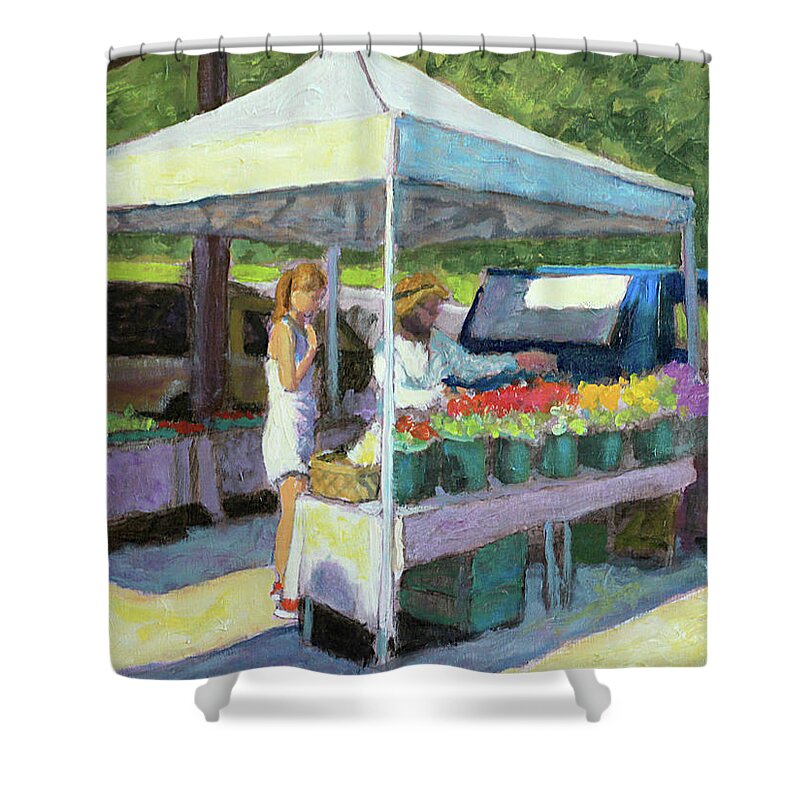 Farmer's Market Shower Curtain featuring the painting Selecting the Bouquet by David Zimmerman