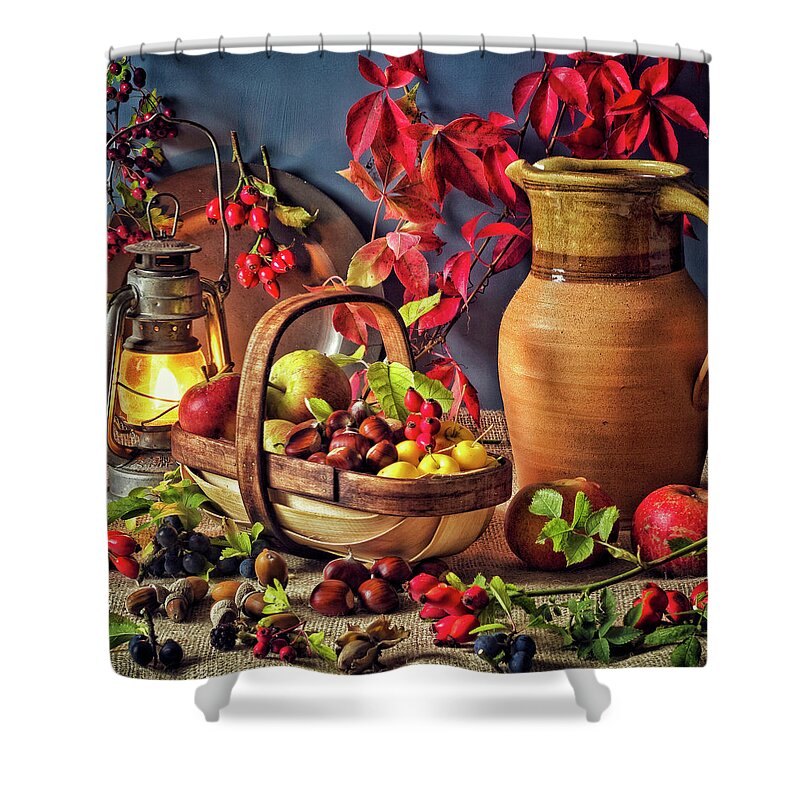 Nut Shower Curtain featuring the photograph Selection Of Uk Autumn Edible Fruits by Memoryweaver Photography