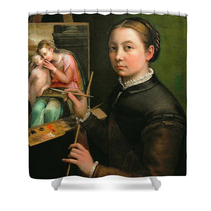 Anguissola Shower Curtain featuring the painting Self-portrait, painting the Madonna, 1556 Canvas, 66 x 57 cm. by Sofonisba Anguissola -c 1532-1625-