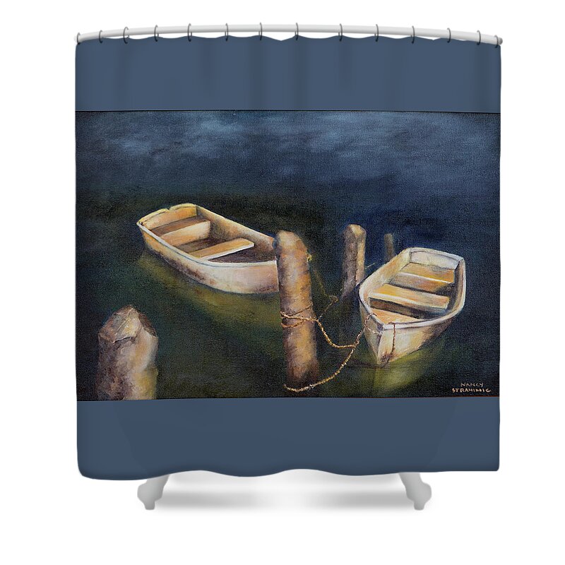 Dinghy Shower Curtain featuring the painting Serenity by Nancy Strahinic