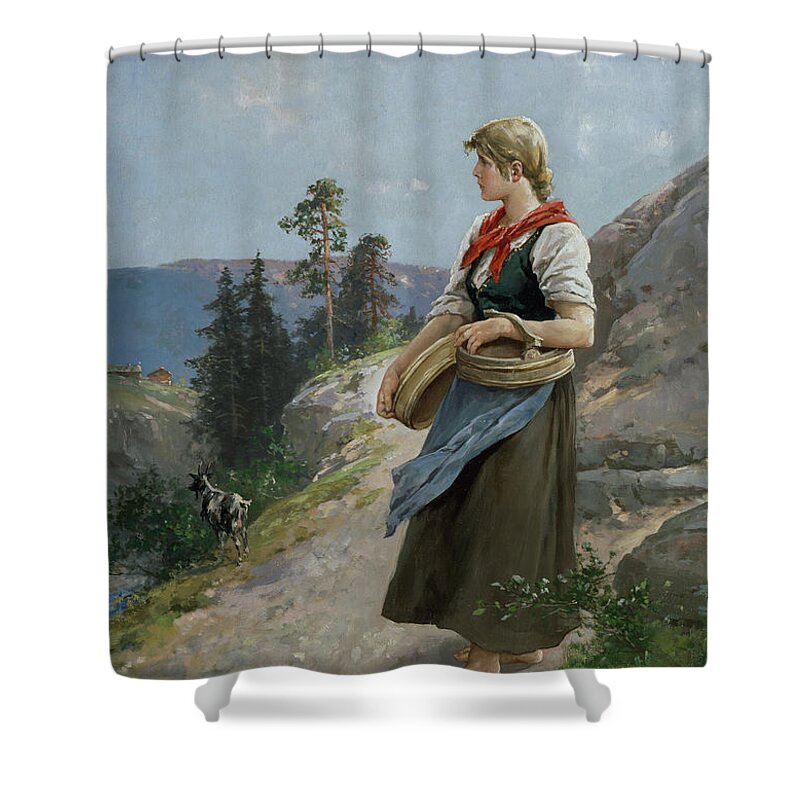 Farm Girl Shower Curtain featuring the painting Seterjente by Axel Hjalmar Ender