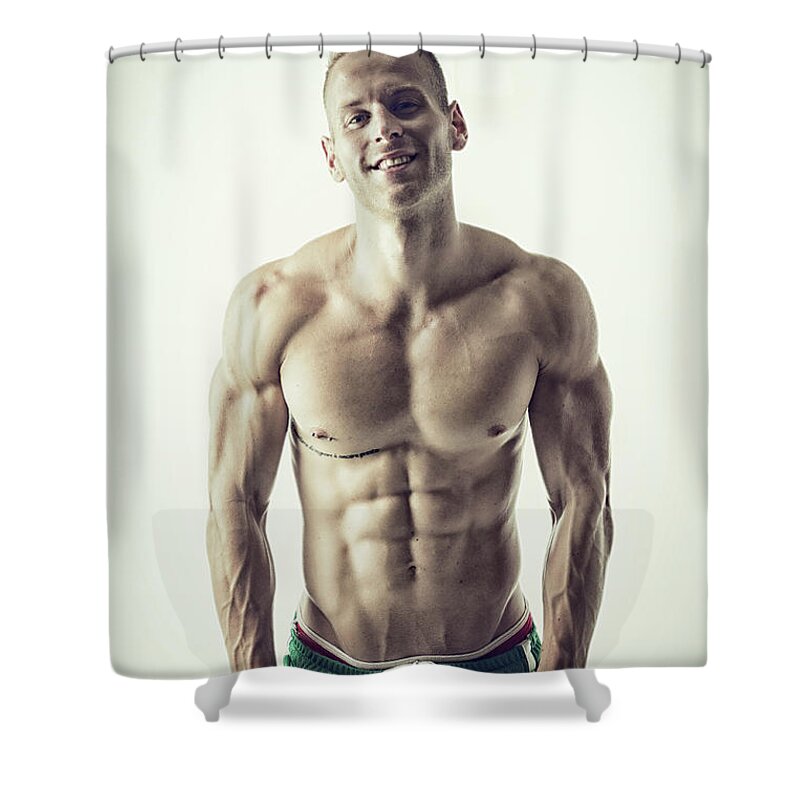 Sexy muscular shirtless male model smiling Shower Curtain by Stefano C - Pixels