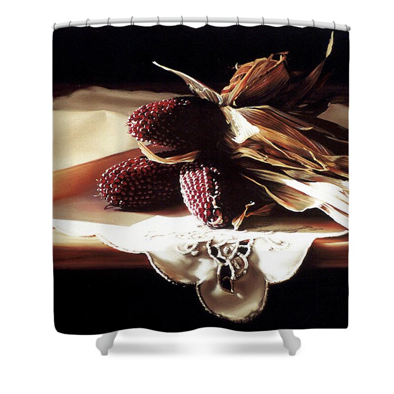 Ornamental Corn Shower Curtain featuring the pastel Raspberry Corn by Dianna Ponting