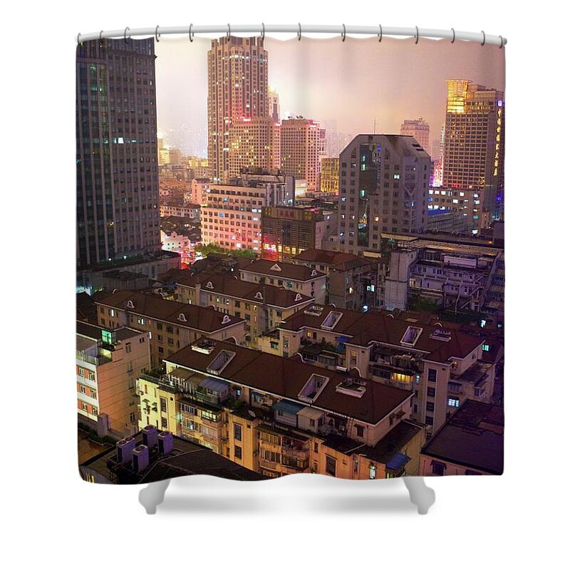 Outdoors Shower Curtain featuring the photograph Shanghai Buildings At Night by Adam Scott