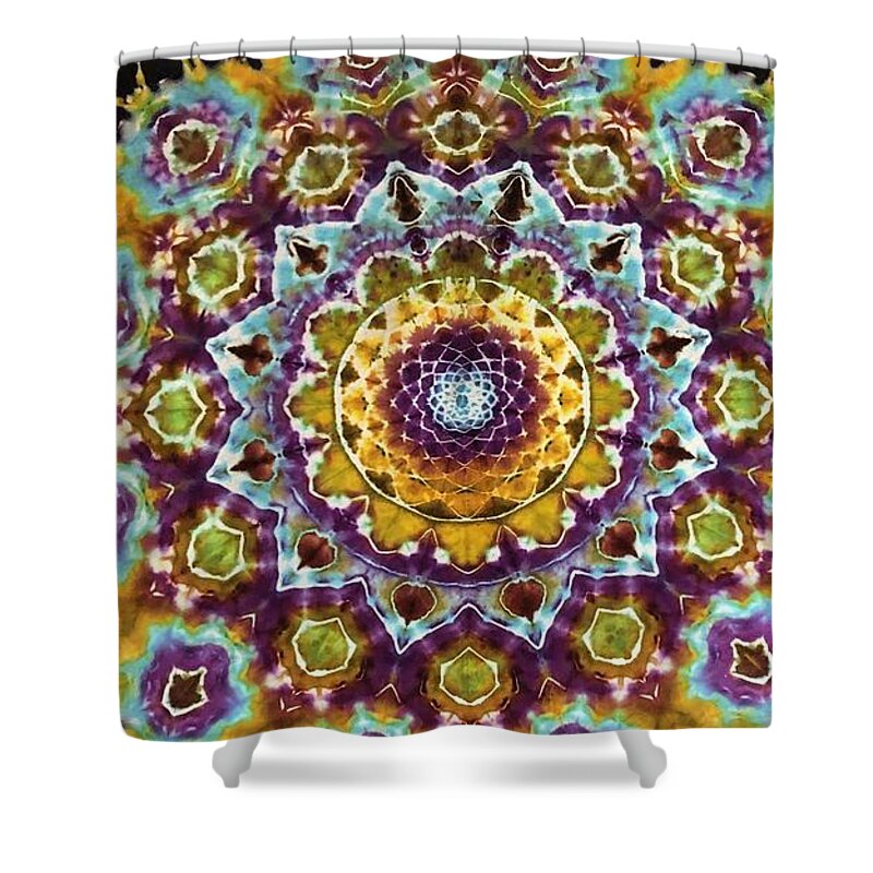 Rob Norwood Tie Dye Psychedelic Art Sacred Geometry Shower Curtain featuring the digital art Share on by Rob Norwood