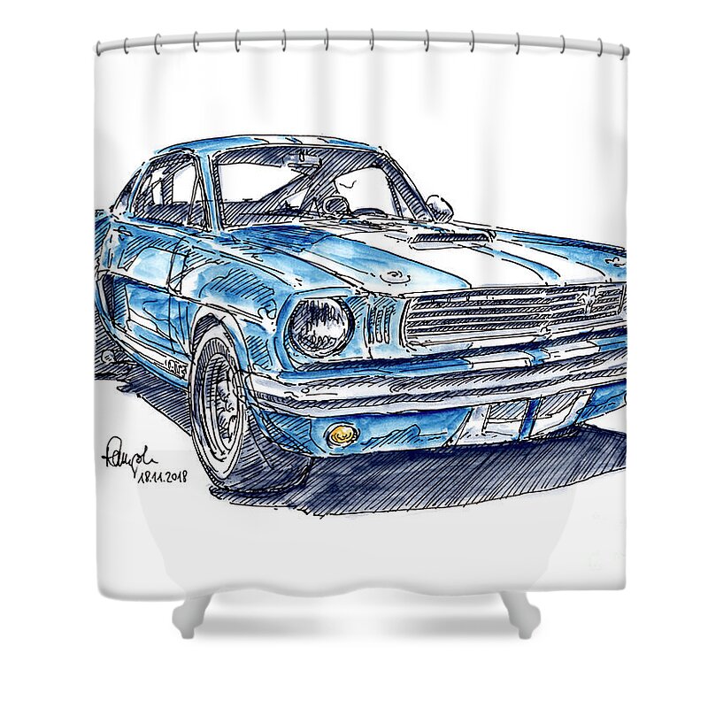 Shelby Shower Curtain featuring the drawing Shelby Mustang GT350 Classic Car Ink Drawing and Watercolor by Frank Ramspott