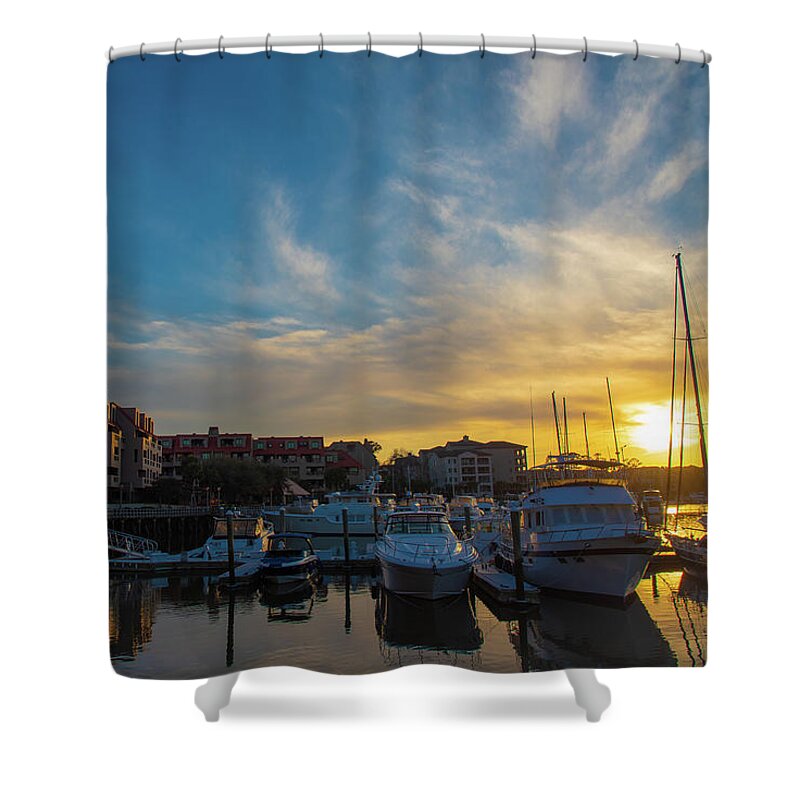 Shelter Cove Shower Curtain featuring the photograph Shelter Cove Marina Sunset in March by Dennis Schmidt