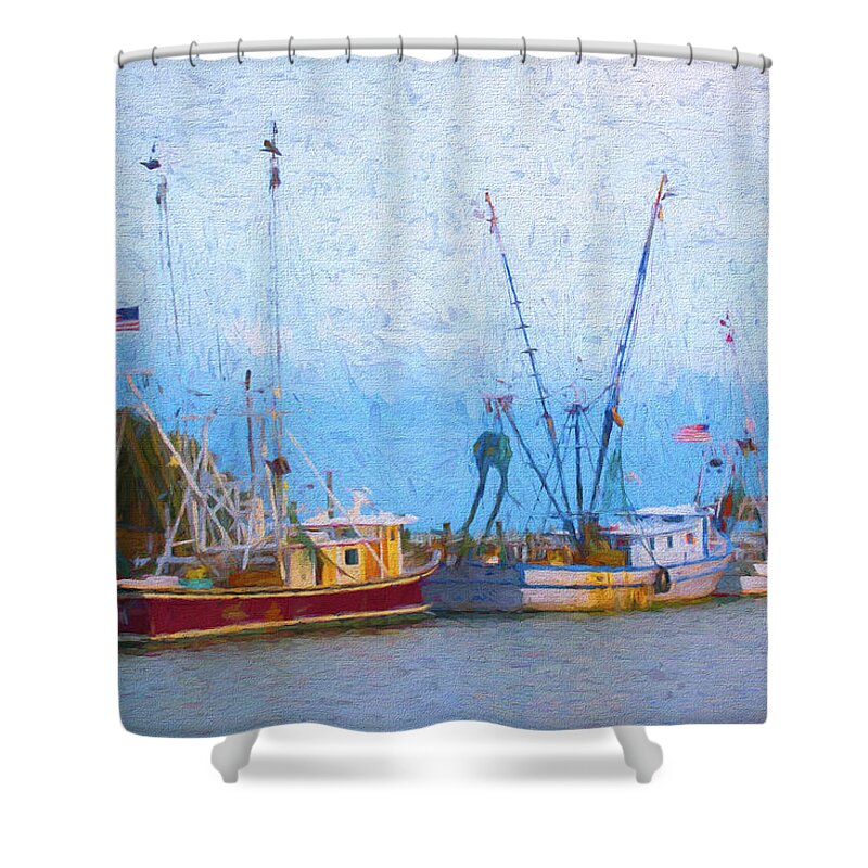 Ocean Shower Curtain featuring the digital art Shem Creek Boats V by Jon Glaser