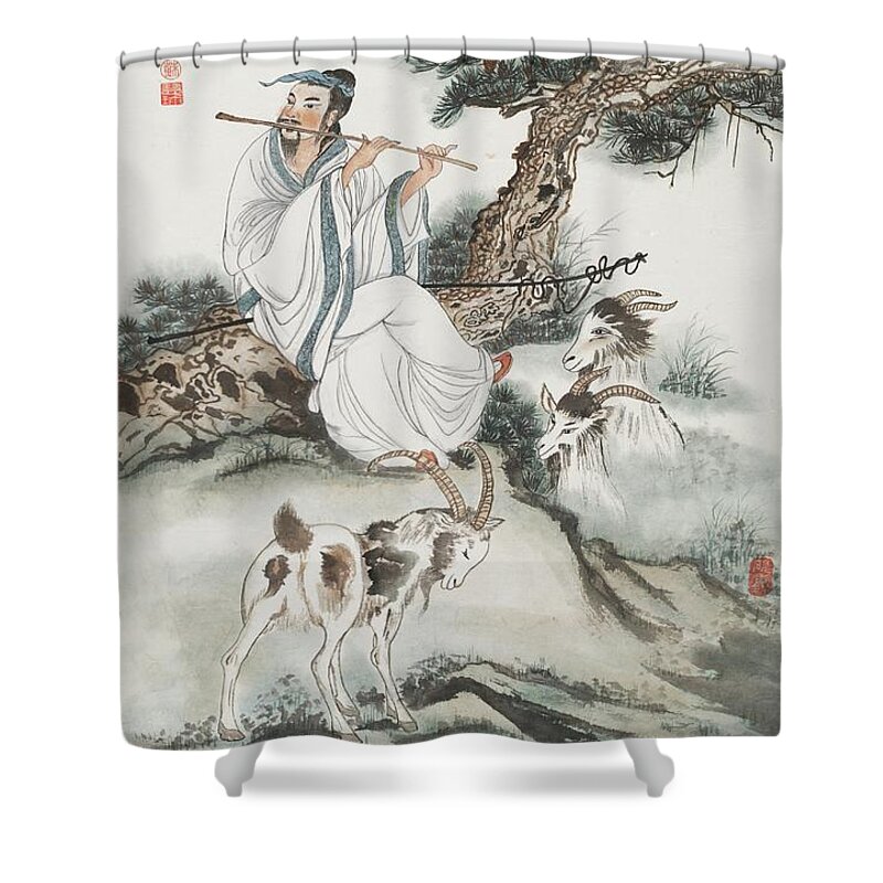 Chinese Watercolor Shower Curtain featuring the painting Shepherd Serenading His Goats by Jenny Sanders