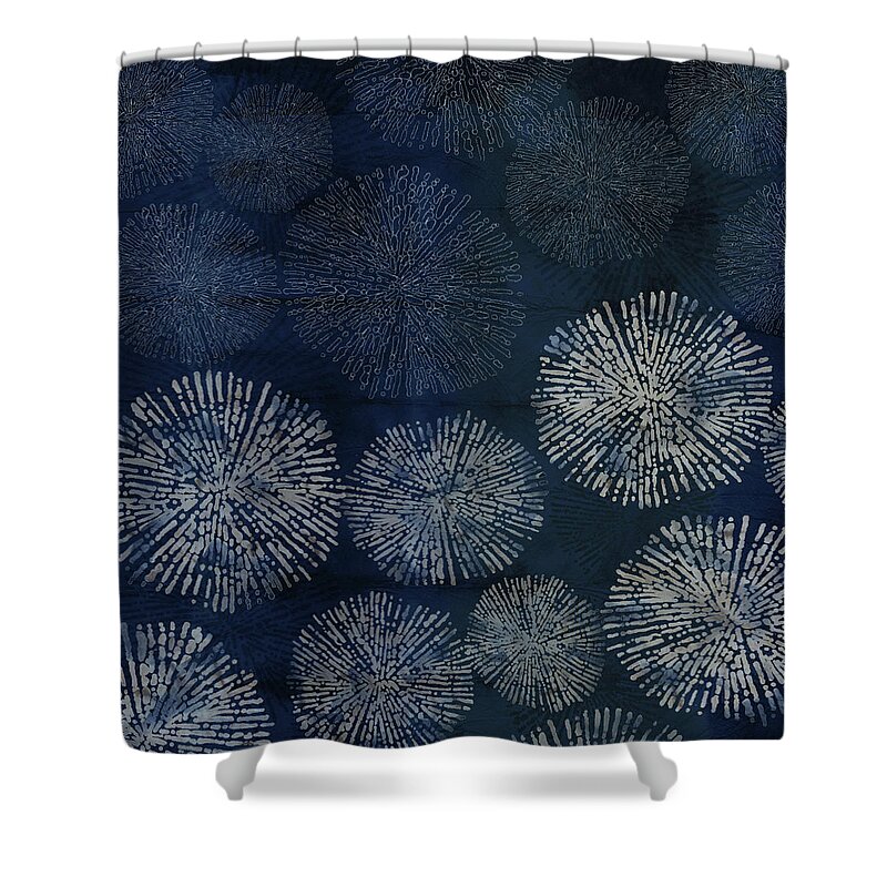 Japan Shower Curtain featuring the digital art Shibori Sea Urchin Burst Pattern Dark Denim by Sand And Chi