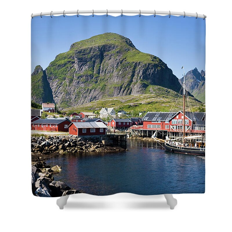 Scenics Shower Curtain featuring the photograph Ship Entering Harbour In Lofoten by Johansjolander