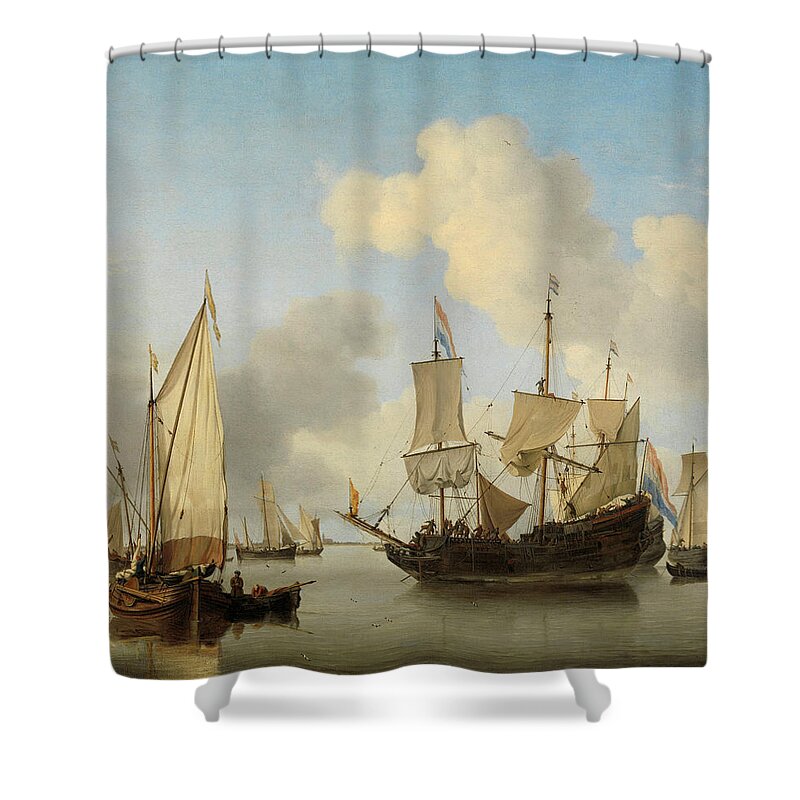Willem Van De Velde Shower Curtain featuring the painting Ships at Anchor on the Coast, 1660 by Willem van de Velde