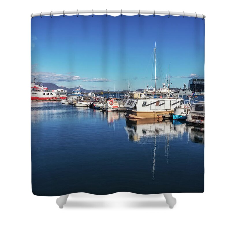 Boats Shower Curtain featuring the photograph Ships at the Harbor in Reykjavik by Debra and Dave Vanderlaan