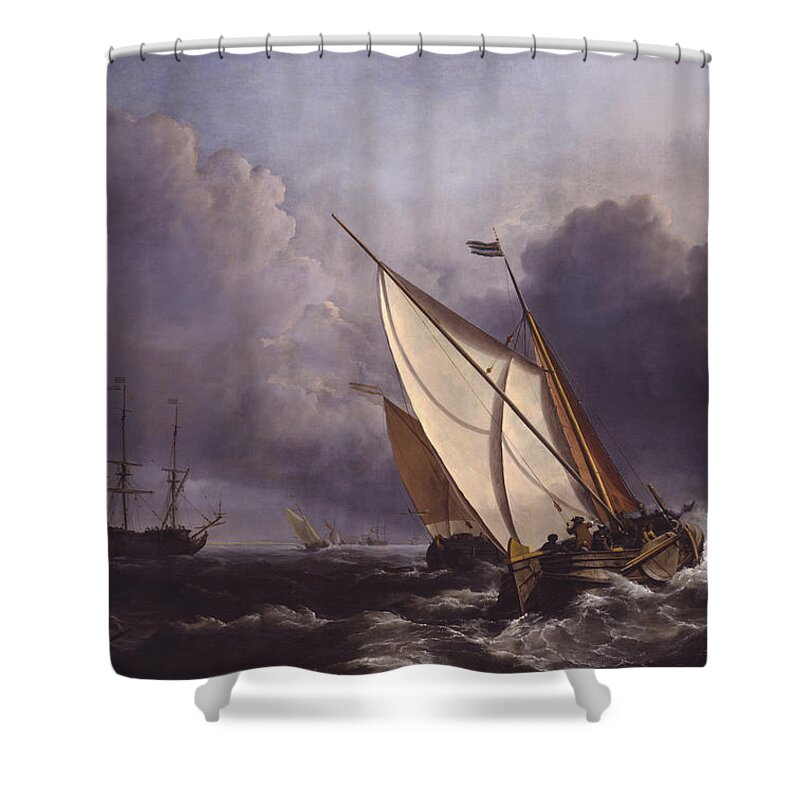 Ships In A Stormy Sea By Willem Van De Velde Ii Shower Curtain featuring the painting Ships in a Stormy Sea by Willem van de Velde