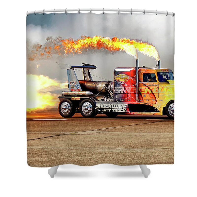 Shockwave Shower Curtain featuring the photograph Shockwave Jet Truck - NHRA - Peterbilt Drag Racing by Jason Politte