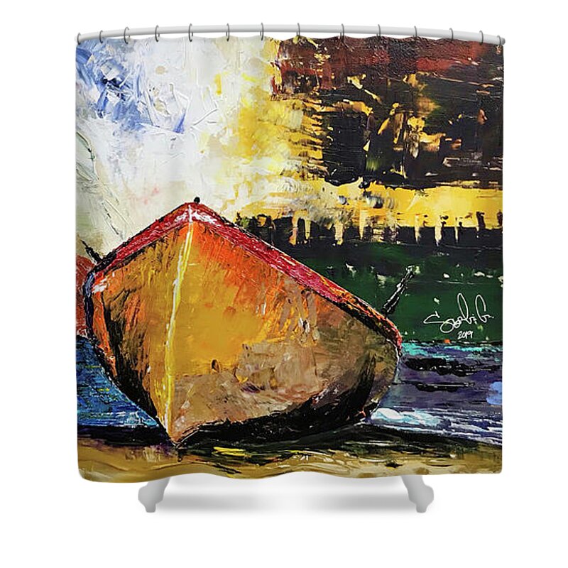 Boat Ocean Lake Sea Sunset Sunrise Tropical Vacation Fishing Water Beach Sand Sky Cruise Shipwreck Ship Shower Curtain featuring the painting Shore Boat by Sergio Gutierrez