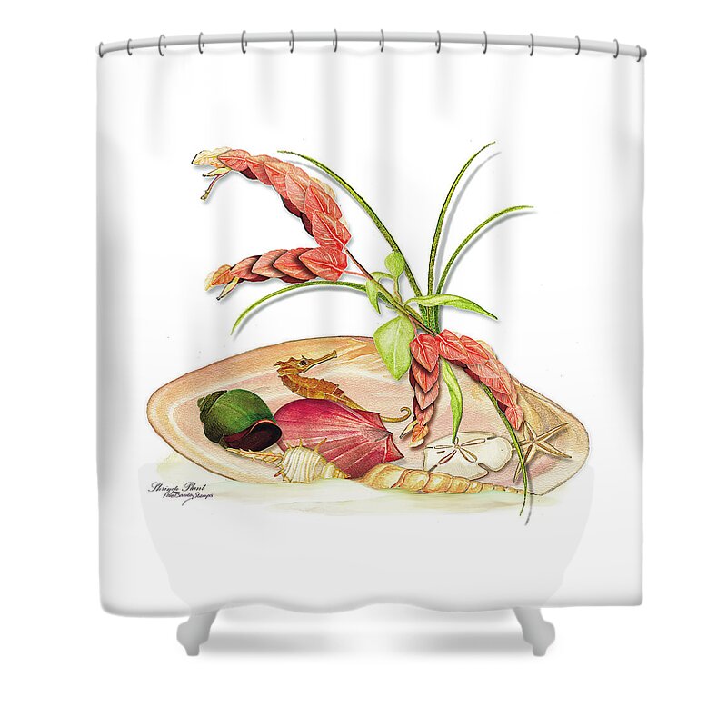 Shrimp Plant Shower Curtain featuring the painting Shrimp Plant and Shells by Anne Beverley-Stamps