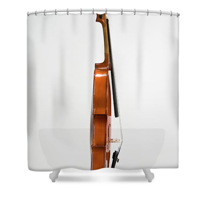 White Background Shower Curtain featuring the photograph Side View Of A Violin by Caspar Benson