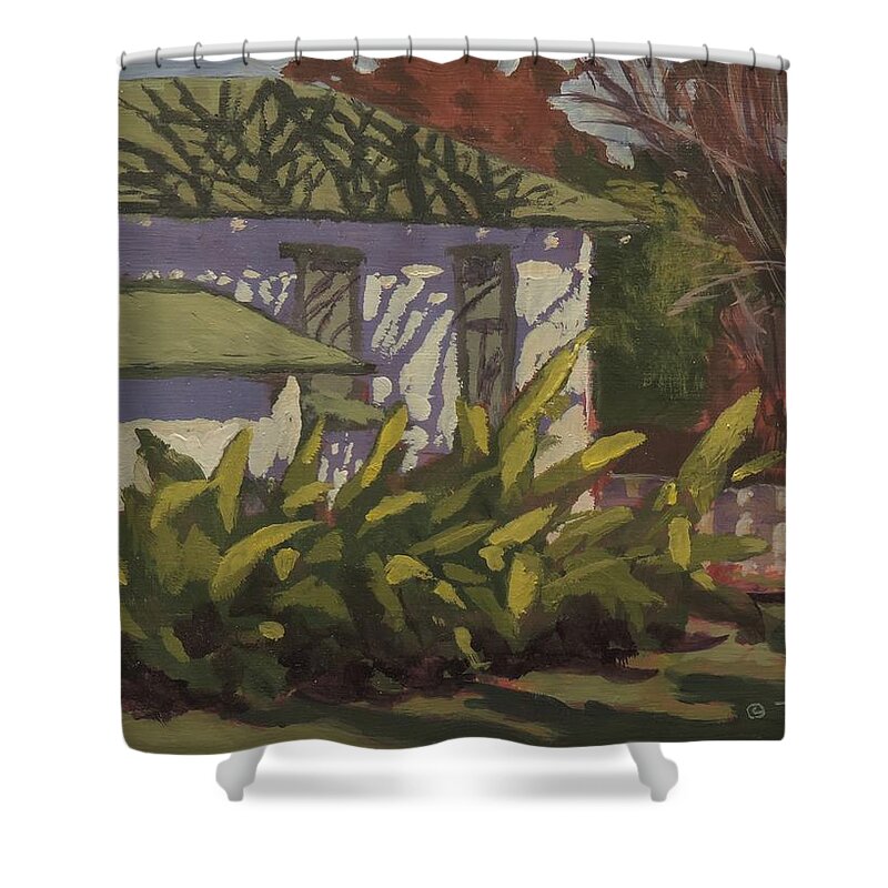 Side Yard Plants Shower Curtain featuring the painting Side Yard Plants by Bill Tomsa