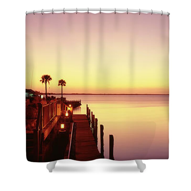 Photography Shower Curtain featuring the photograph Silhouette Of A Hotel By The Sea, Key by Panoramic Images