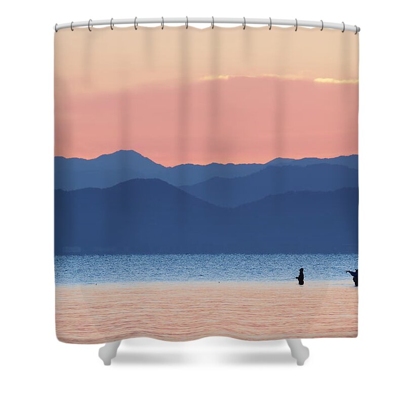 Scenics Shower Curtain featuring the photograph Silhouette Of Fisherman by Knulp