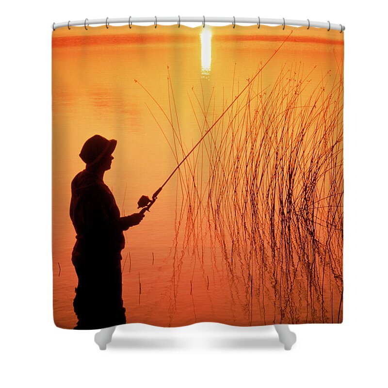 Scenics Shower Curtain featuring the photograph Silhouette Of Man Fishing, Vilas City by Ken Wardius