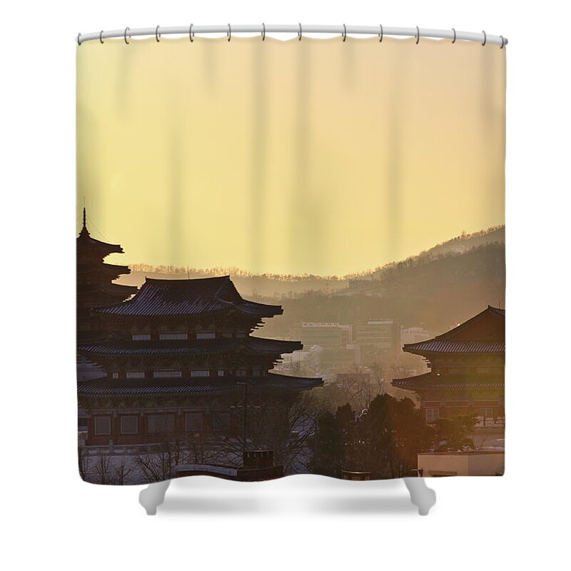 Tranquility Shower Curtain featuring the photograph Silhouette Of Palace by Sungjin Kim