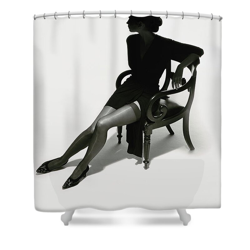 White Background Shower Curtain featuring the photograph Silhouetted Woman On Chair by Tim Platt
