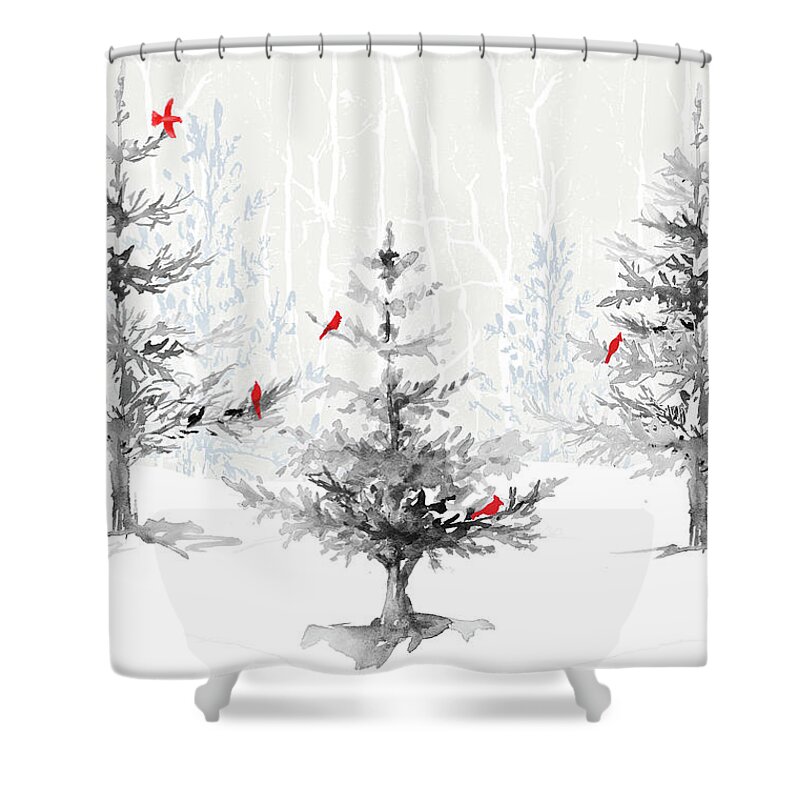 Silver Shower Curtain featuring the painting Silver Forest With Cardinals by Lanie Loreth