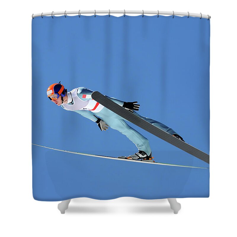 Helmet Shower Curtain featuring the photograph Ski Jumper Flying by Technotr