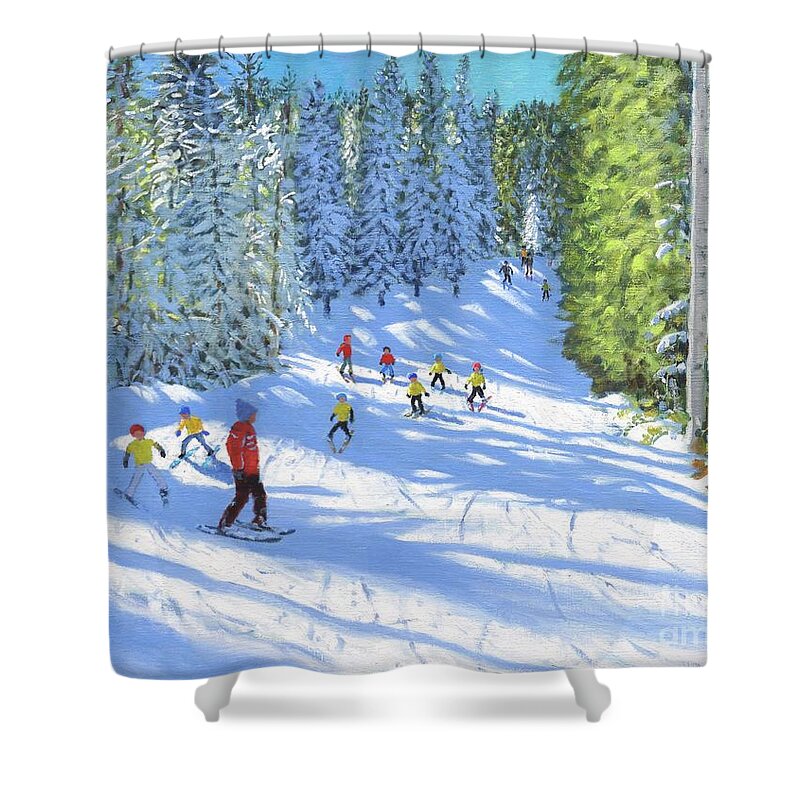 Winter Shower Curtain featuring the painting Ski Lesson, Samoens, France by Andrew Macara