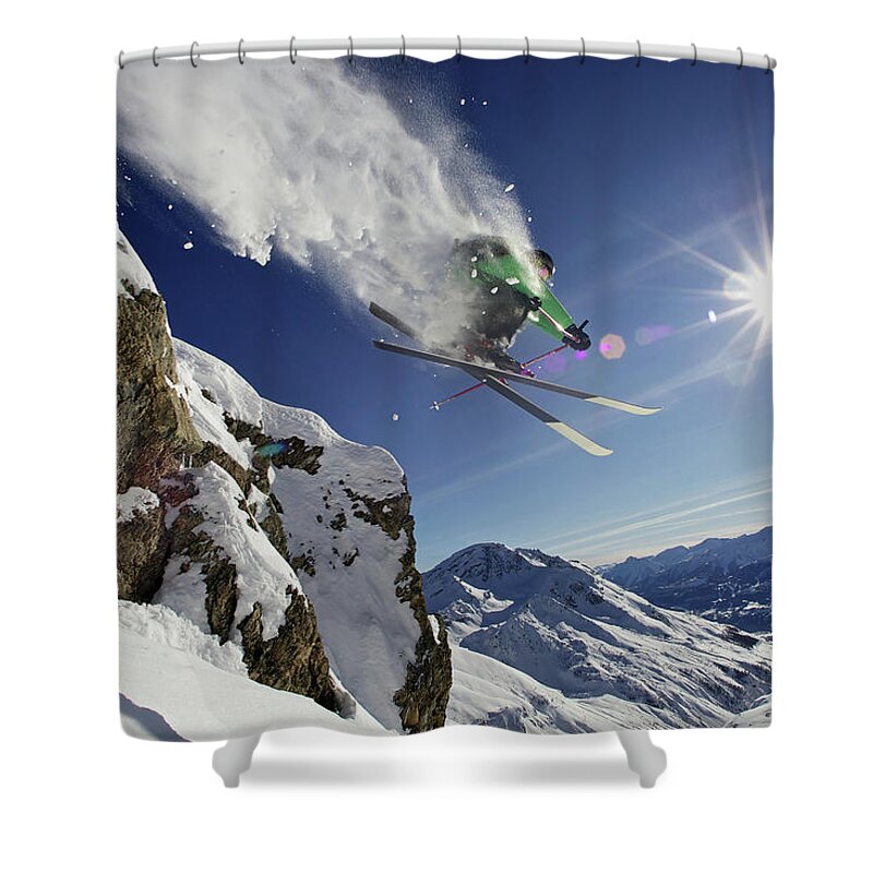 Young Men Shower Curtain featuring the photograph Skier In Midair On Snowy Mountain by Michael Truelove