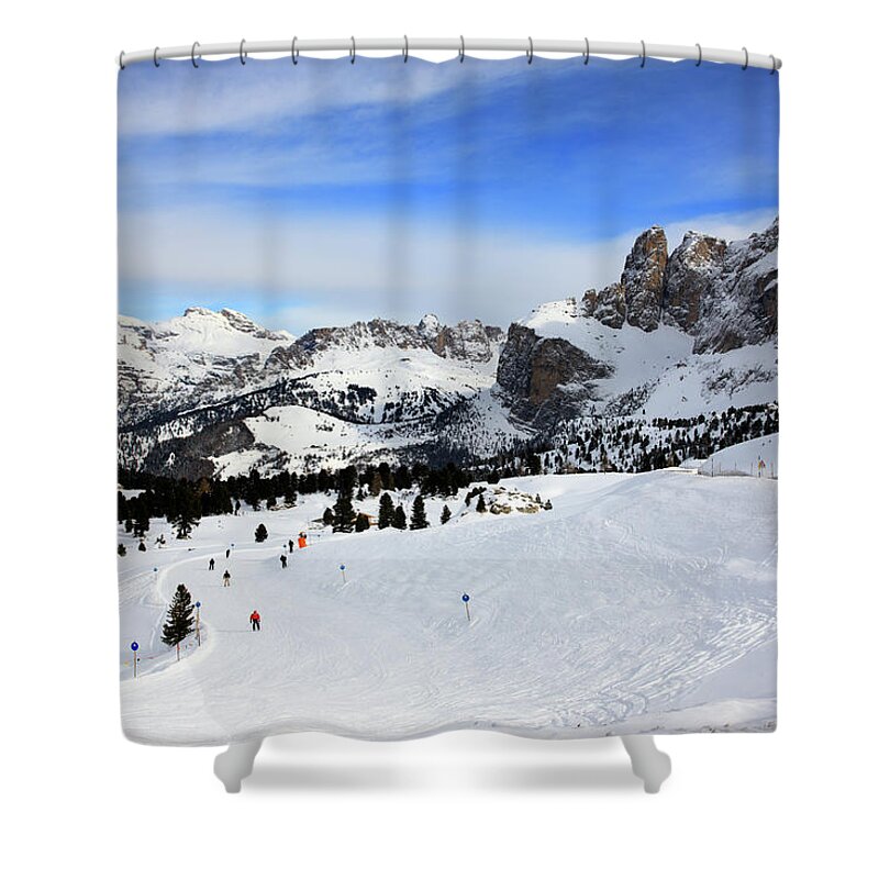 Scenics Shower Curtain featuring the photograph Skiing From The Sella Pass by Maremagnum